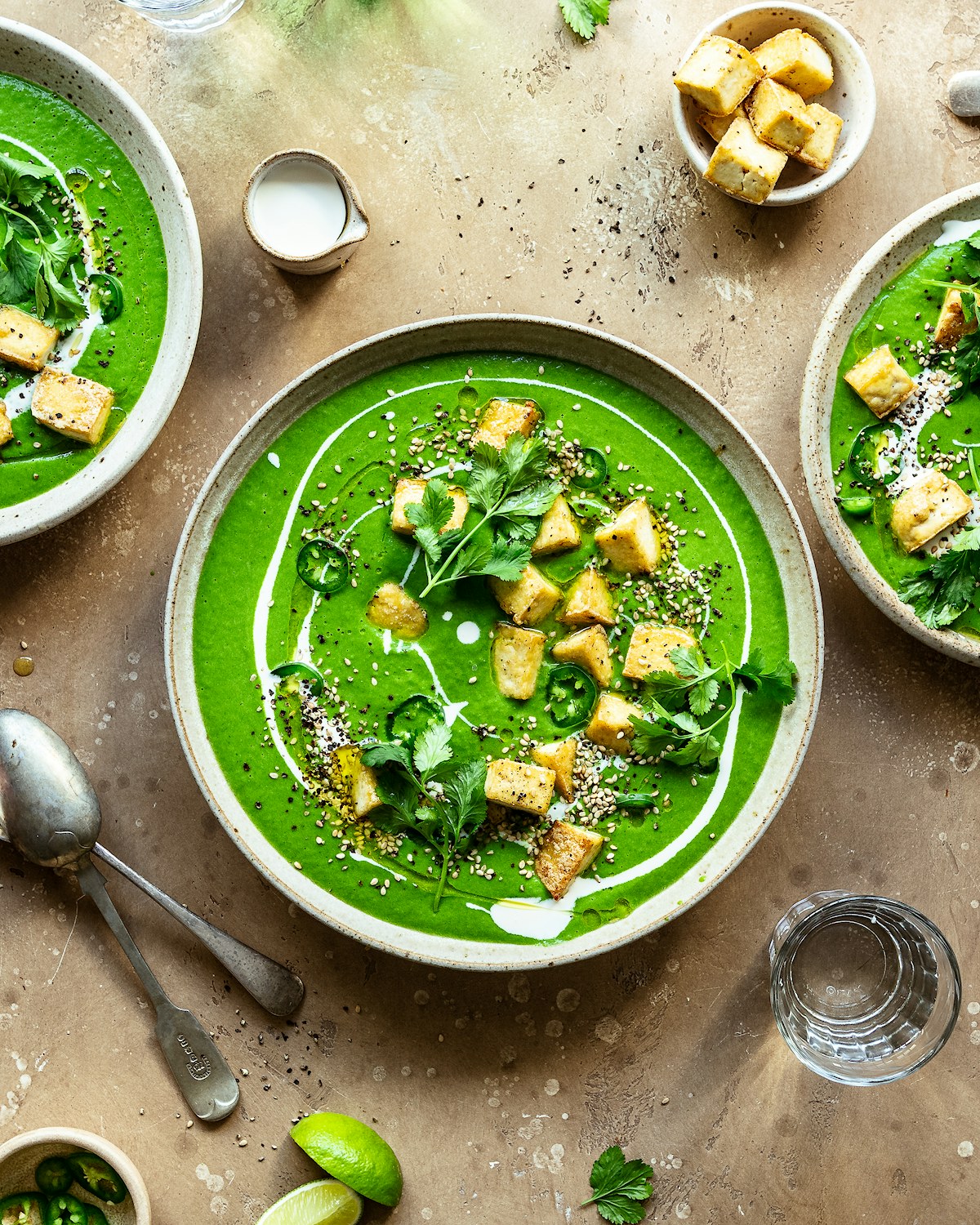 Thai Green Goddess Soup with Crispy Tofu Croutons