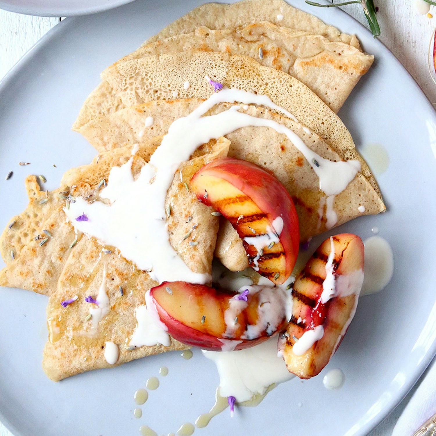 French Vanilla Crepes with Grilled Peaches and Lavender