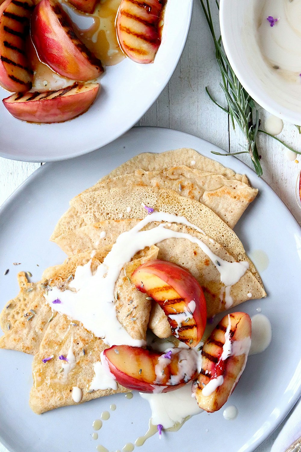 French Vanilla Crepes with Grilled Peaches and Lavender