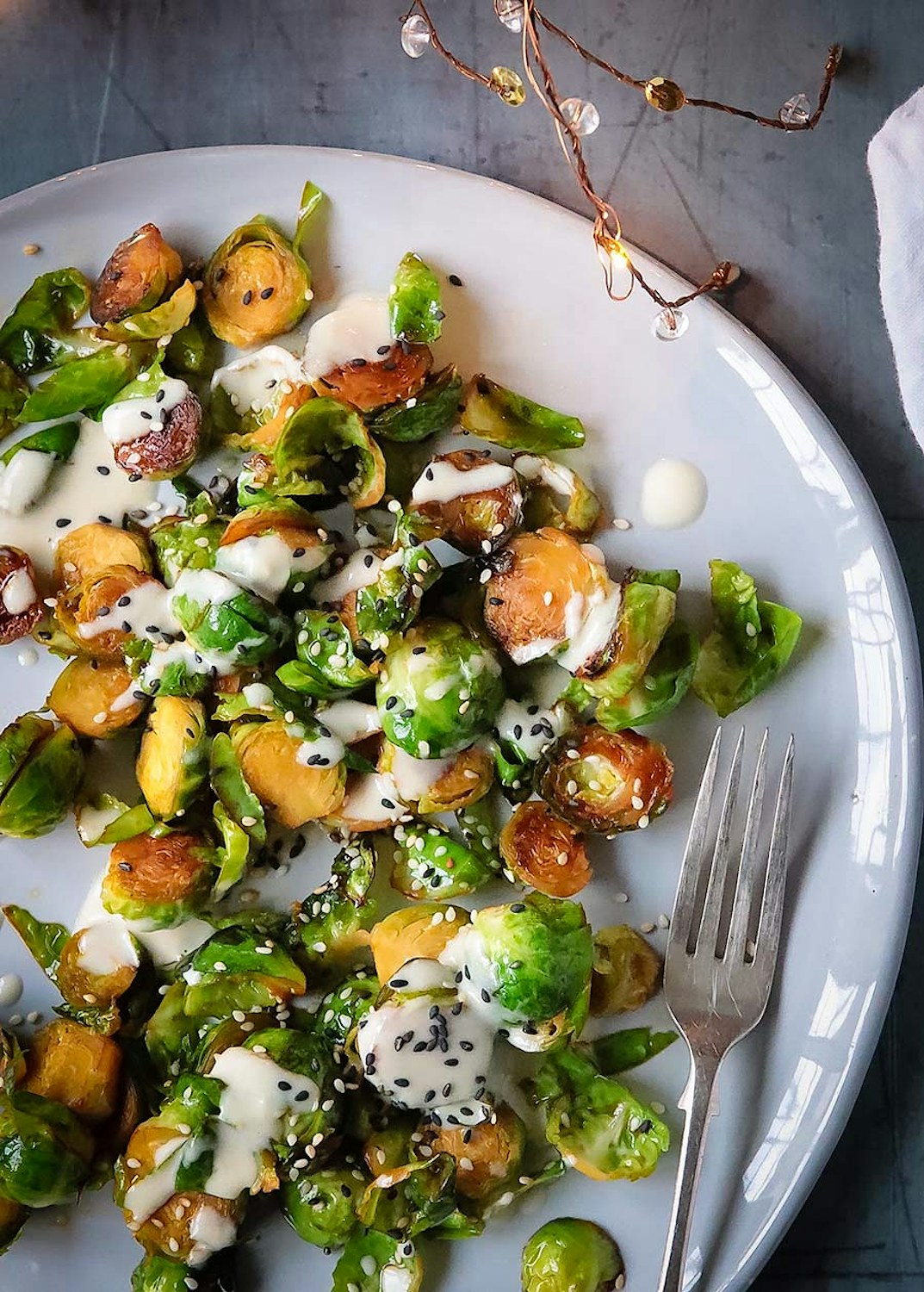 Sauteed Sprouts with Tahini and Maple Dressing
