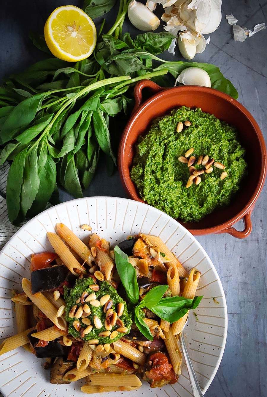 Roasted Aubergine and Tomato Pasta with Basil Pesto Natalie Penny