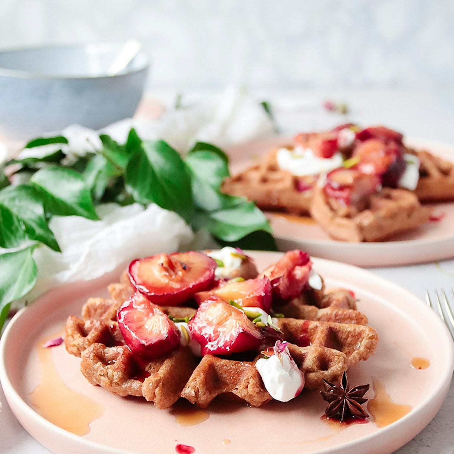 Buckwheat Waffles with Baked Plums