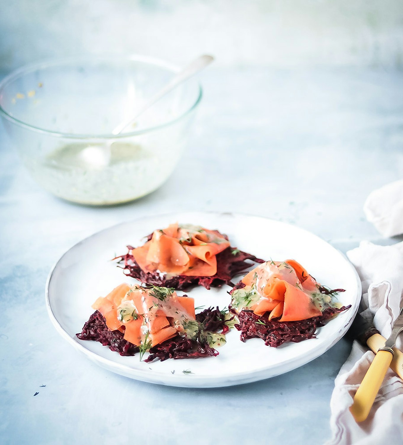 Beetroot Fritters and 'Gravlax'