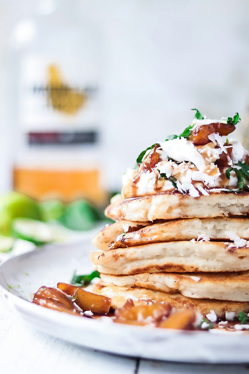 Pina Colada Pancakes. Fluffy Coconut pancakes with Caramelised Rum Pineapple