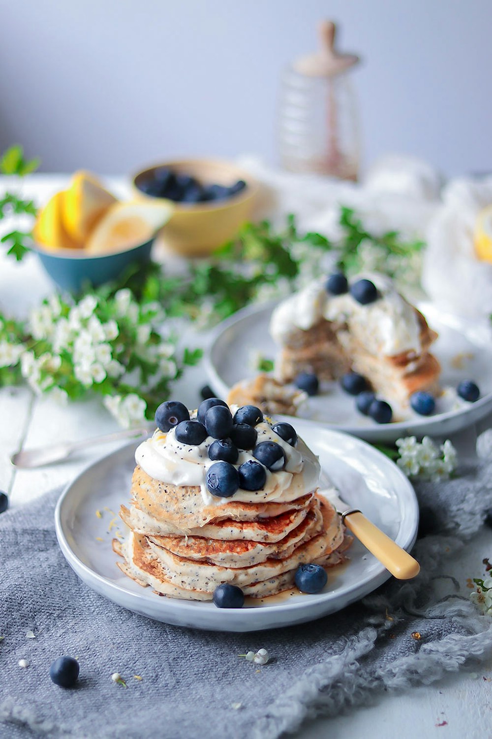 Lemon and Poppy Seed Pancakes with Creamy Cheese and Yogurt Topping