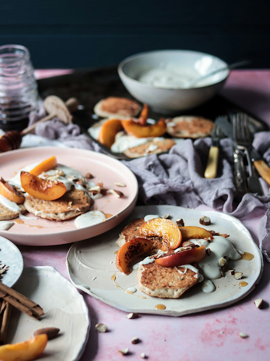 Gluten-Free Almond & Buckwheat Pancakes with Caramelised Maple Peaches